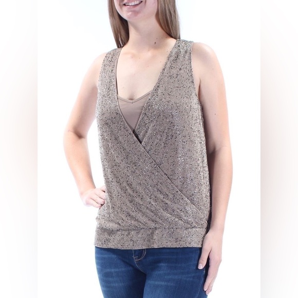 RARE Lauren RL Beaded Formal Taupe Sleeveless Holiday Sparkle Top Size M - Picture 1 of 16